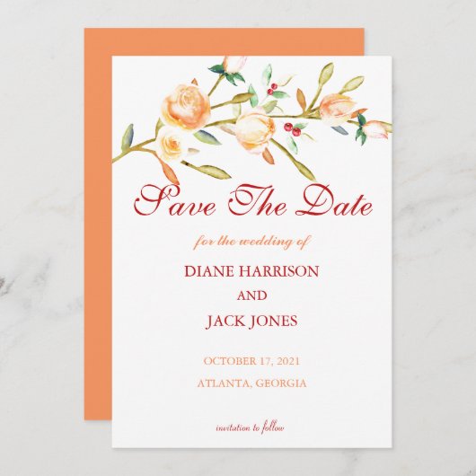 バラとベリーの水彩茎 ウェディング 招待状 (正面/裏面)