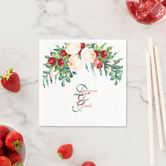 バラとベリーの水色の茎 スタンダードカクテルナプキン (インサイチュ)