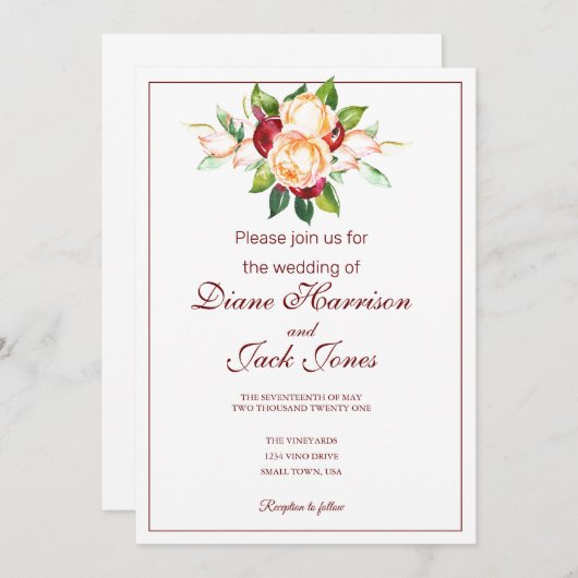 バラとベリーの水色の茎 招待状 (正面/裏面)