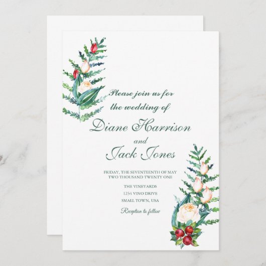 バラとベリーの水色の茎 招待状 (正面/裏面)