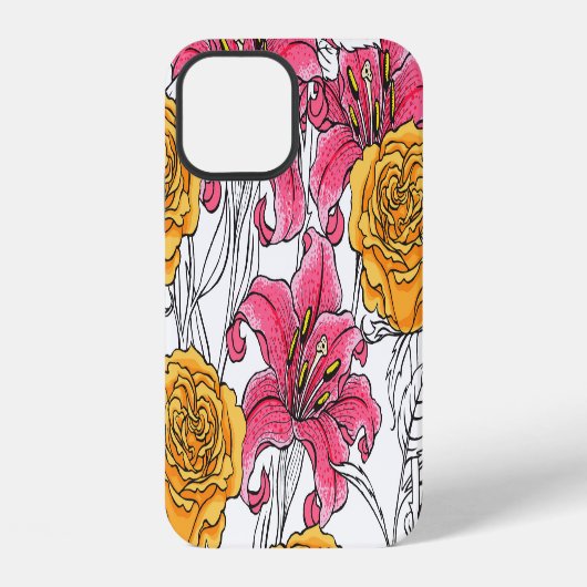 バラとユリの手描きパターン iPhoneケース (裏面)