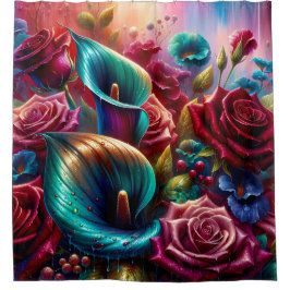 「バラとユリの雨粒」 シャワーカーテン