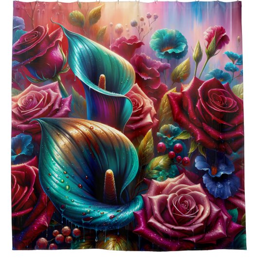 「バラとユリの雨粒」 シャワーカーテン (正面)