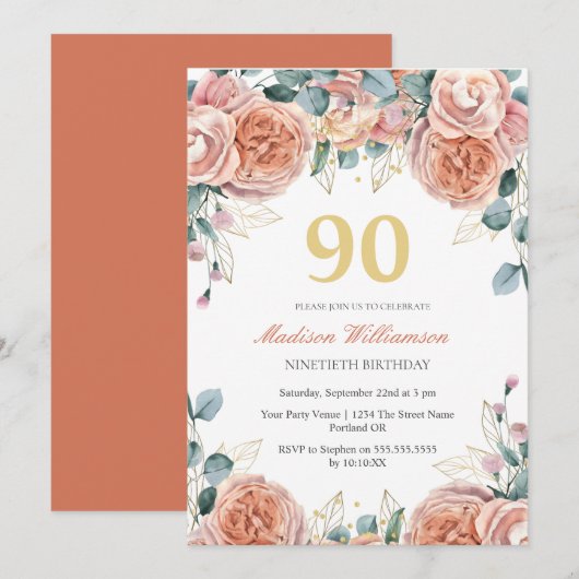 バラとユーカリのフラワー 90歳の誕生日パーティー 招待状 (正面/裏面)