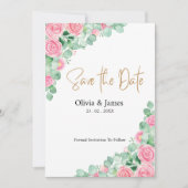 バラとユーカリの結婚式日付カードを保存 (正面)