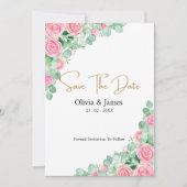 バラとユーカリの結婚式日付カードを保存 (正面)