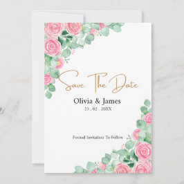 バラとユーカリの結婚式日付カードを保存