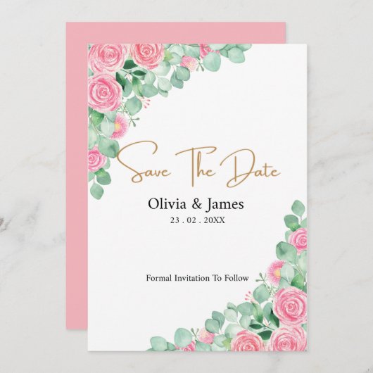 バラとユーカリの結婚式日付カードを保存 (正面/裏面)