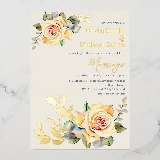 バラとユーカリ水カラー結婚式招待状 箔シーズンカード (正面)