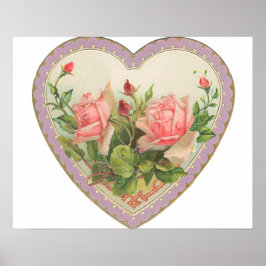バラとラベンダーヴィンテージバレンタインハート ポスター