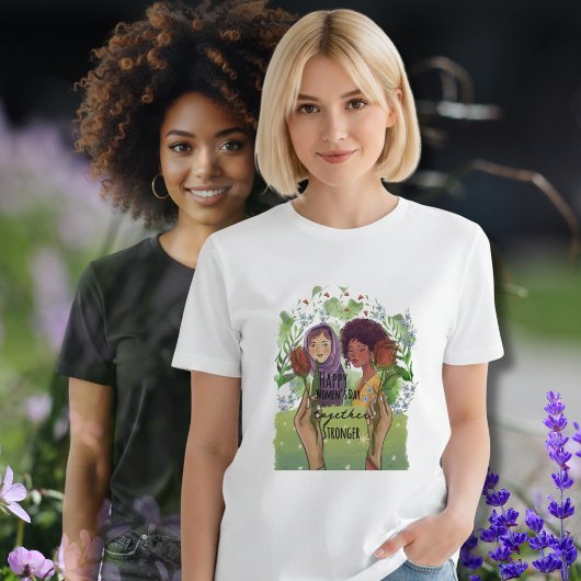 バラと共に描かれた女性の肖像画と「Together Stronger」国際女性デー トライブレンドTシャツ