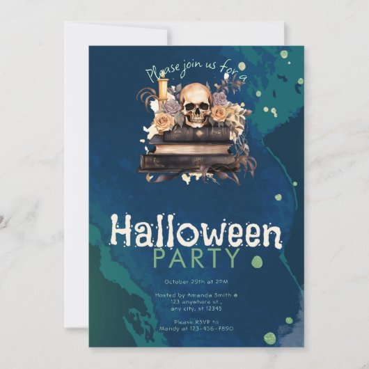 バラと本の上のドクロのハロウィンパーティー 招待状 (正面)