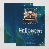 バラと本の上のドクロのハロウィンパーティー 招待状 (正面/裏面)