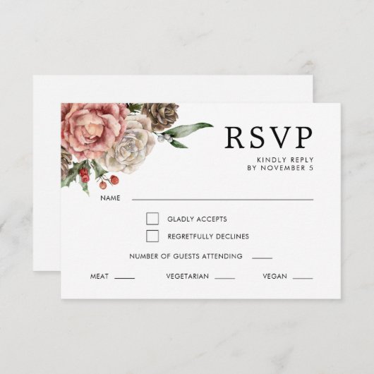 バラと松の書道フローラ冬の結婚式 出欠カード (正面/裏面)