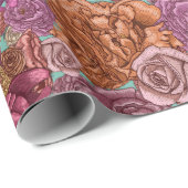 バラと牡丹の手描きフローラデザインミント ラッピングペーパー (ロールコーナー)