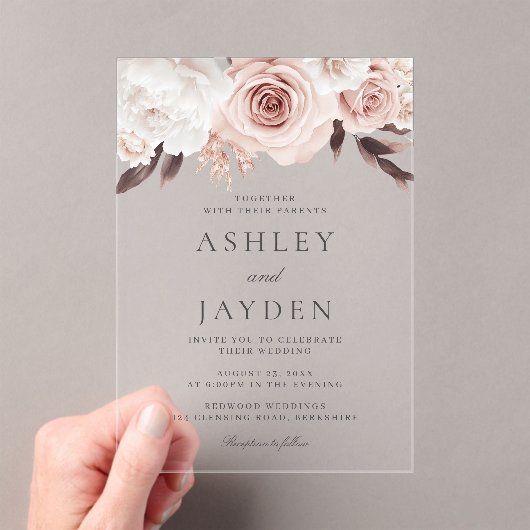 バラと白い花のウェディング アクリル招待状 (インサイチュ (ポータブル))