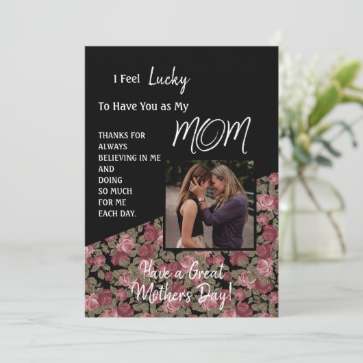 バラと白黒文字マザーズデイカード 招待状 (スタンド正面)