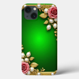バラと真珠のエレガントなグリーンフレーム iPhone 13ケース