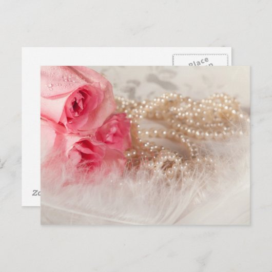 バラと羽の付いた真珠 ポストカード (正面/裏面)