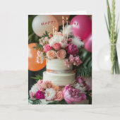 バラと羽根のピンクの芍薬のバースデーケーキ カード (正面)