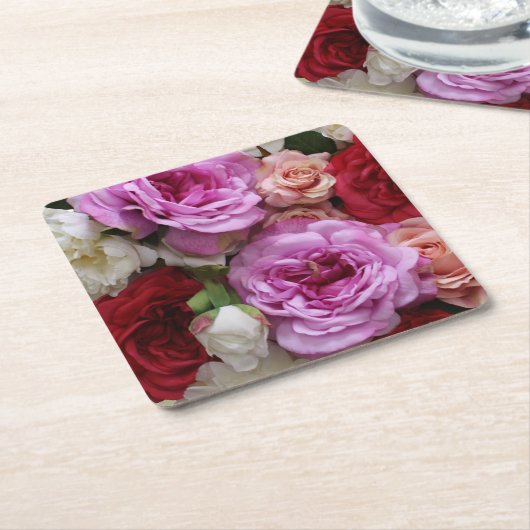 バラと芍薬の花の紙コースター スクエアペーパーコースター (アングル)