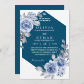 バラと葉のネービーブルー 招待状 (正面/裏面)