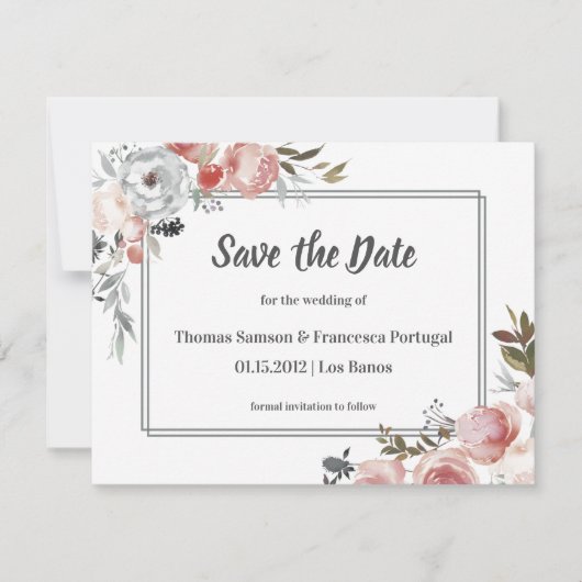 バラと蓼の水彩 Save the Date カード (正面)