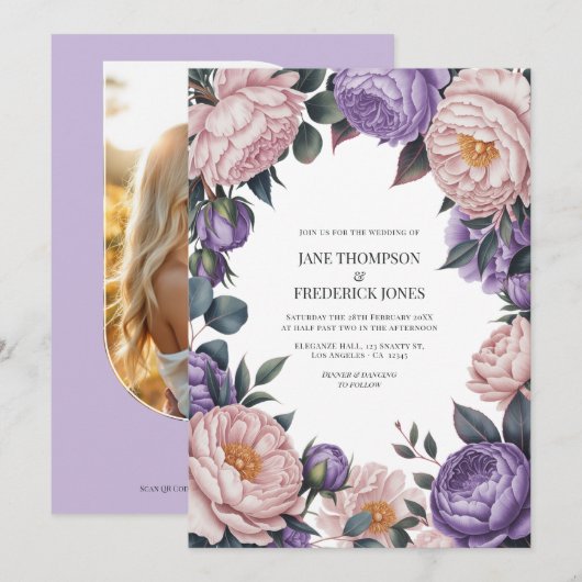 バラと薄紅と紫の水彩 ウェディング QRコード 招待状 (正面/裏面)