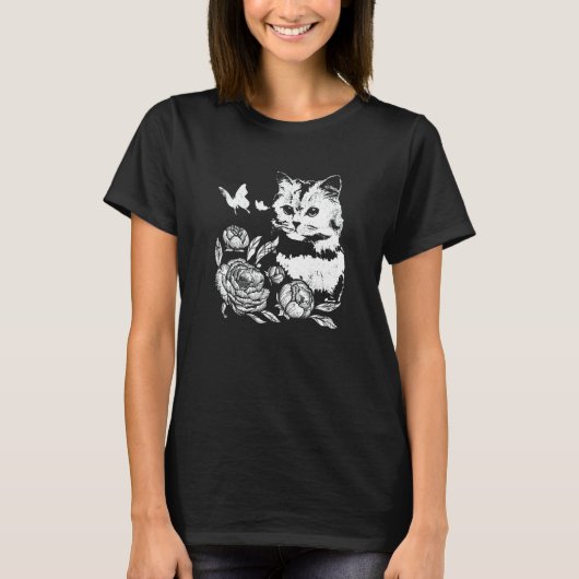 バラと蝶と猫の花柄 Tシャツ (正面)