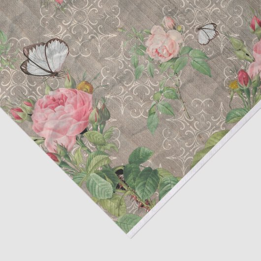 バラと蝶のダマスクの木のデコパージュ 薄葉紙 (詳細)