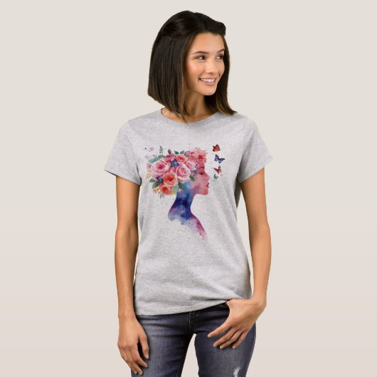 バラと蝶の水彩フラワーレディの肖像 Tシャツ (正面フル)