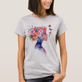 バラと蝶の水彩フラワーレディの肖像 Tシャツ (正面)