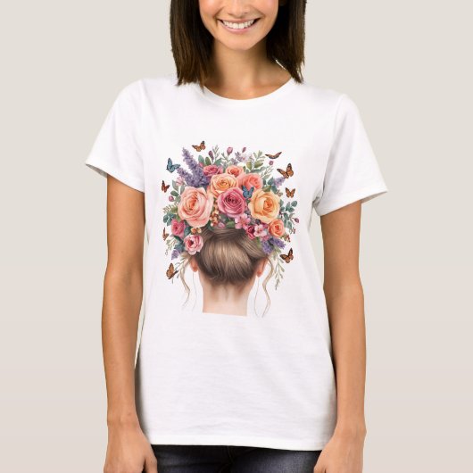 バラと蝶の花冠の女性 Water Tシャツ (正面)