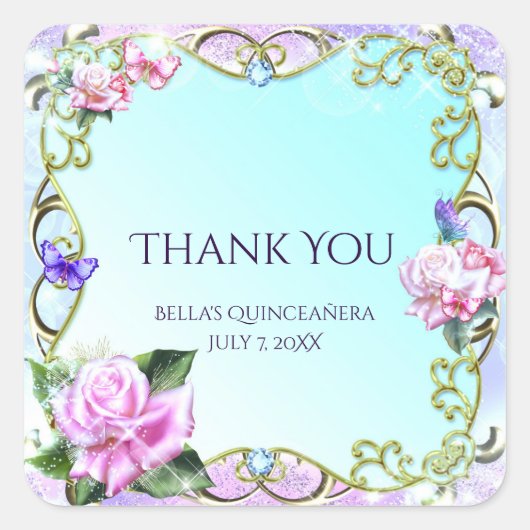 バラと蝶の誕生日パーティーの好意 スクエアシール (正面)