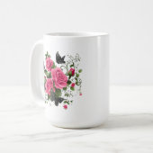 バラと蝶、カラフルなデザイン コーヒーマグカップ (正面左)