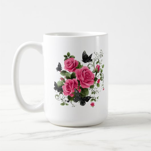 バラと蝶、カラフルなデザイン コーヒーマグカップ (左)