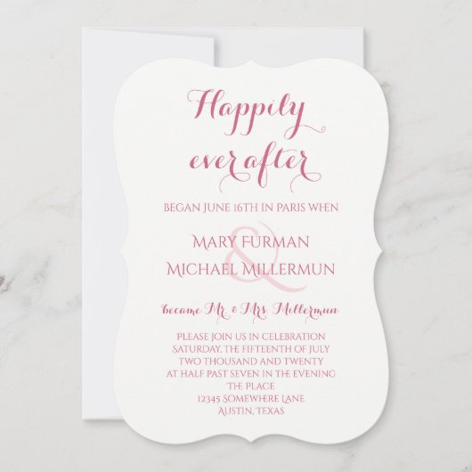 バラと赤面ピンクポストウェディングレセプション 招待状 (正面)