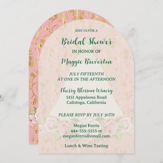 バラと金ゴールドのブライダルシャワーへの招待 招待状 (正面/裏面)