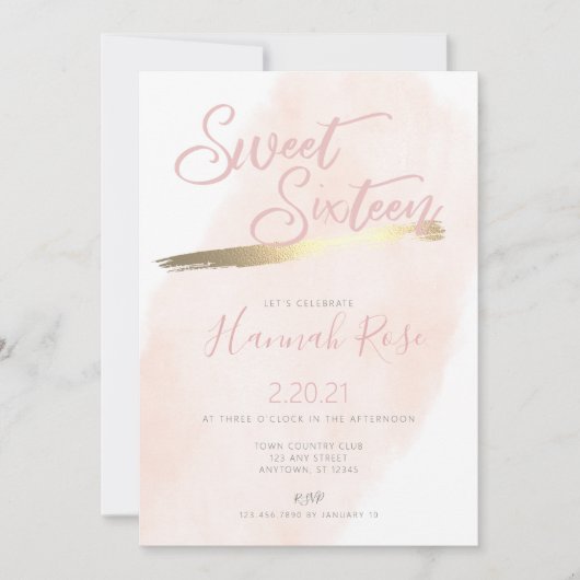 バラと金ゴールドウォーターカラースウィート16誕生日 招待状 (正面)
