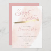 バラと金ゴールドウォーターカラースウィート16誕生日 招待状 (正面/裏面)