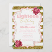 バラと金ゴールドグリッター十八歳の誕生日パーティー 招待状 (正面)