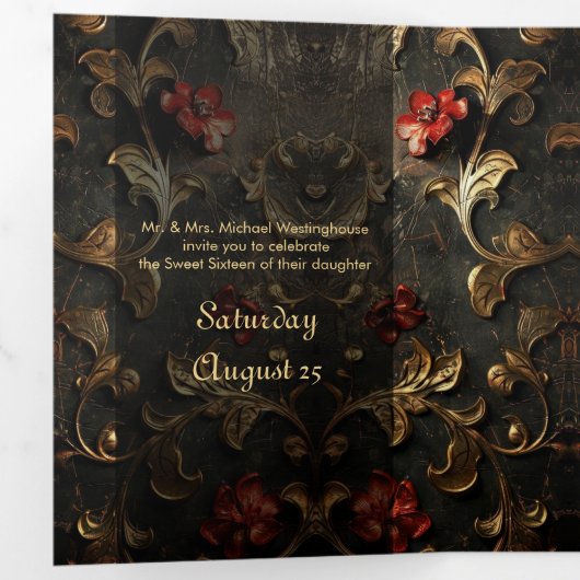 バラと金ゴールドスウィート16パーティの招待状 三つ折り招待状 (内部最初)