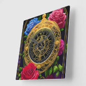 バラと金ゴールドフィリグリー スクエア壁時計 (傾斜)