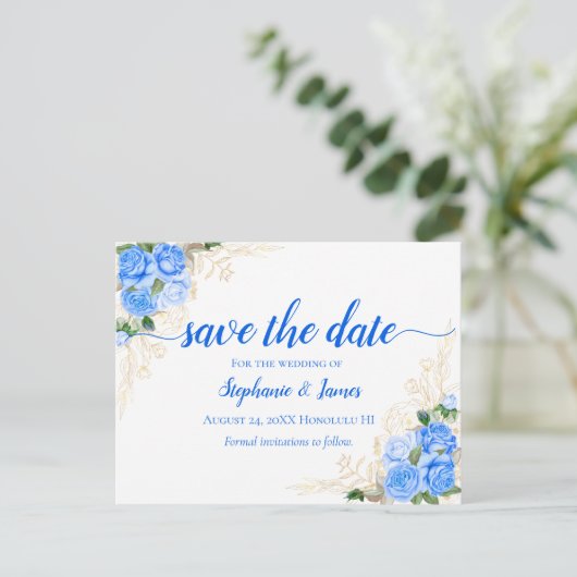 バラと金ゴールドフローラ結婚式日付を保存 案内ポストカード (スタンド正面)