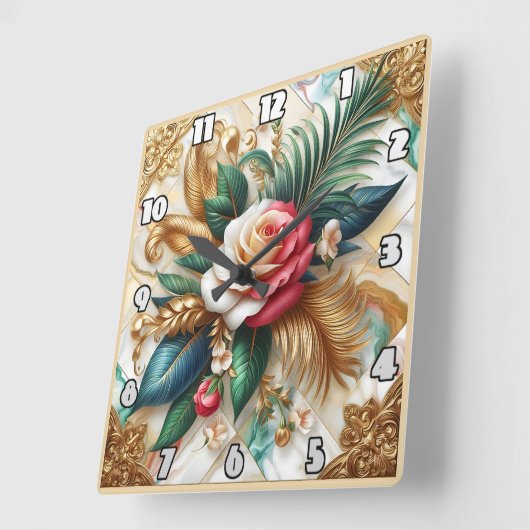 バラと金ゴールド離れを大理石 スクエア壁時計 (傾斜)