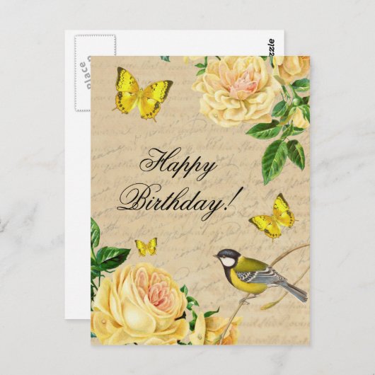 バラと鳥の美しい誕生日はがき ポストカード (正面/裏面)
