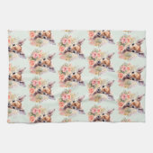 バラに囲まれたかわいい鹿の模様 キッチンタオル (横)