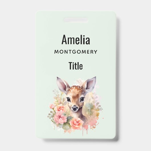 バラに囲まれたかわいい鹿 バッジ (正面)
