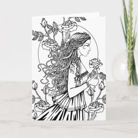 バラに囲まれた幻想的な女性のイラスト 自由に色を塗ってお楽しみください カード (正面)