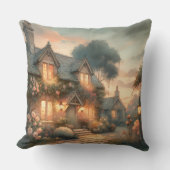 バラに囲まれた日暮れの童話の家 クッション (正面)
